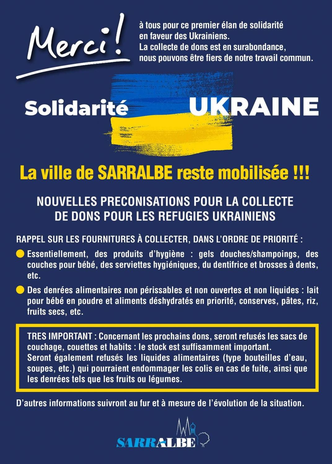 SOLIDARITÉ UKRAINE : La ville de Sarralbe reste mobilisée !!!